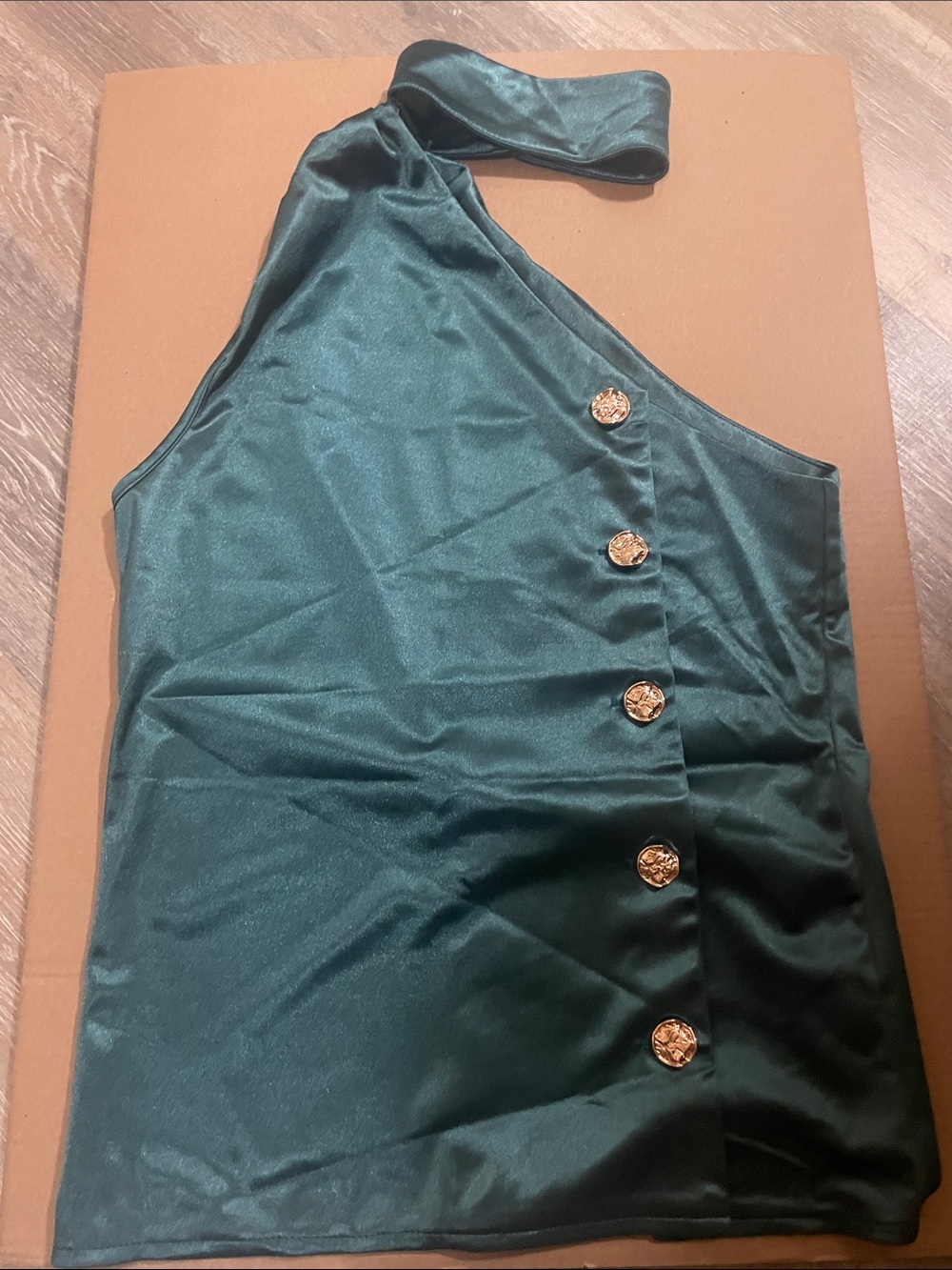SHEIN Emerald One-Shoulder Satin Top with Gold Buttons
